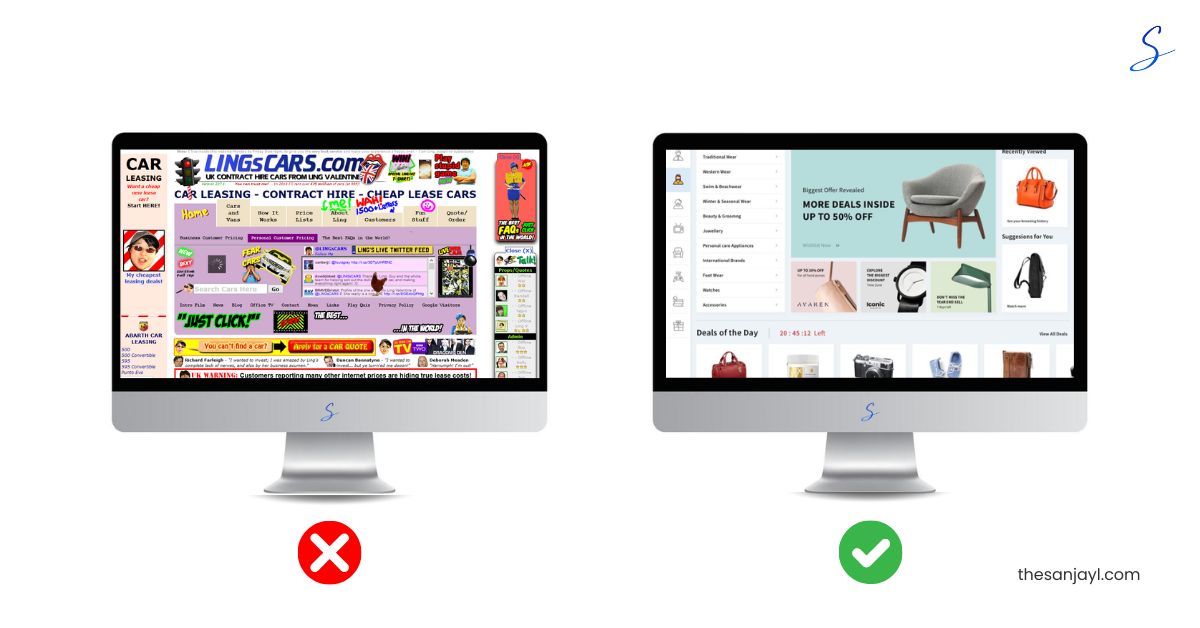 Two side of image with Bad E-commerce website design and Good E-commerce website design in a laptop frame